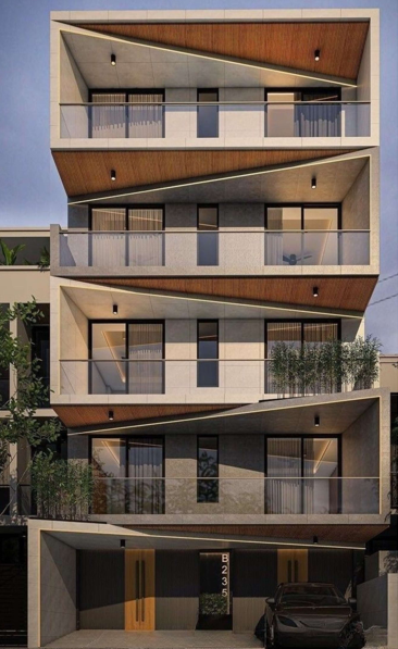 A stylish statement with angular overhangs and wood-panelled ceilings forming a dynamic zigzag rhythm.